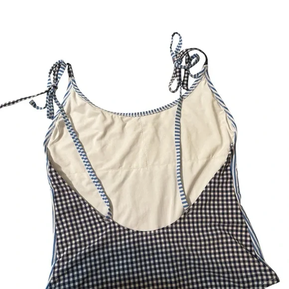 Aerie Navy Blue and White Gingham Striped Seersucker One-Piece Swimsuit Size L - Picture 7 of 15